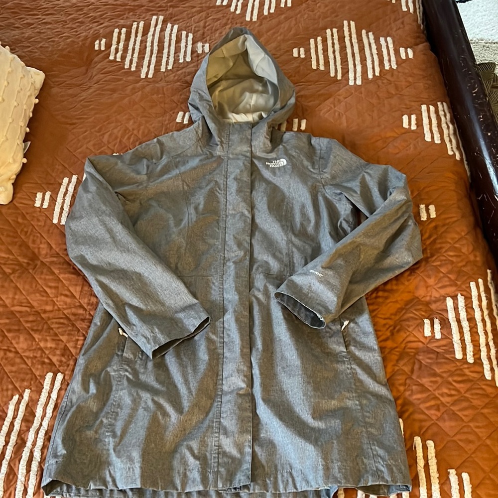 Gray North Face rain coat